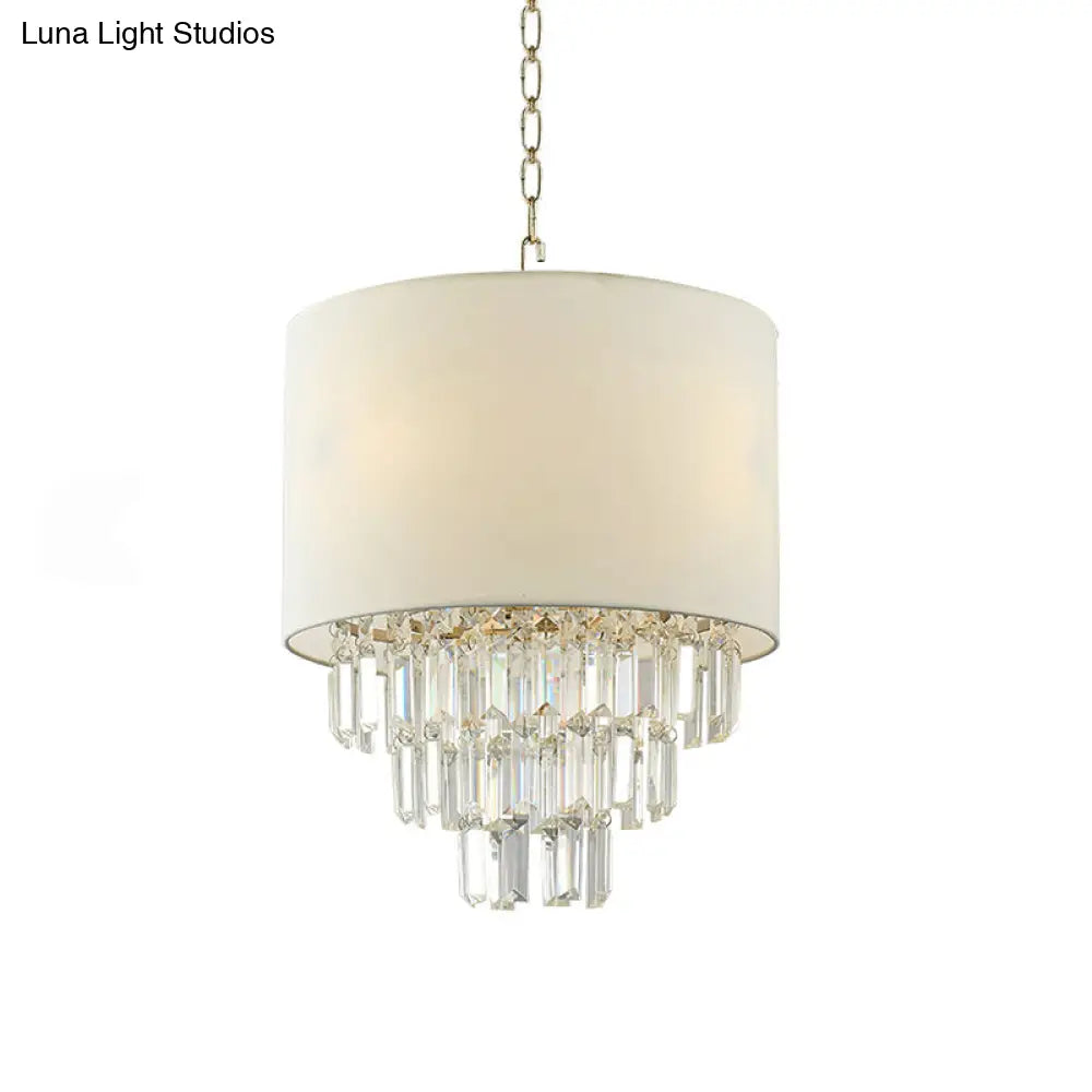 Crystal Deco Drum Pendant Light For Modern Kitchen - White Fabric
