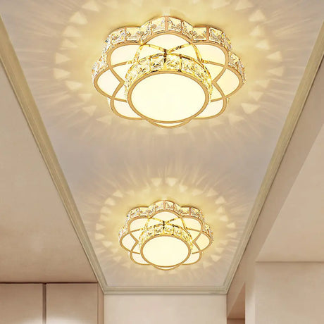 Crystal - Encrusted Gold Flush Mount Ceiling Light With Contemporary Floral Design And Led
