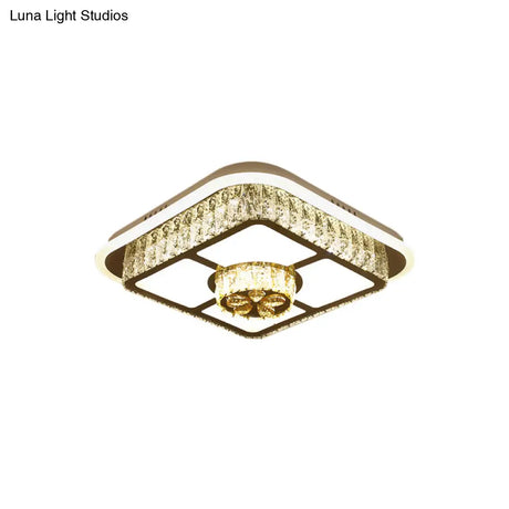 Crystal - Encrusted Led Flushmount Ceiling Light For Bedroom - Modernist White Square And