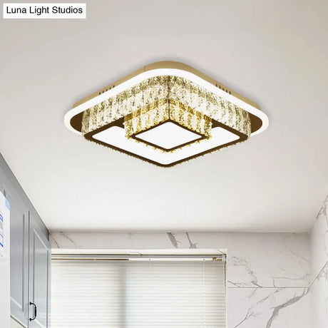 Crystal - Encrusted Led Flushmount Ceiling Light For Bedroom - Modernist White Square And