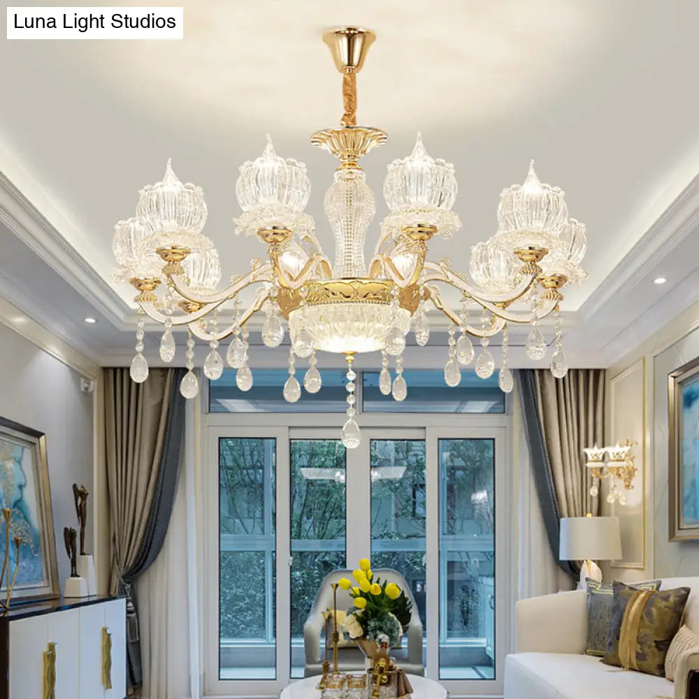 Crystal Flower Ceiling Chandelier With Clear Draping - Traditional Living Room Lighting