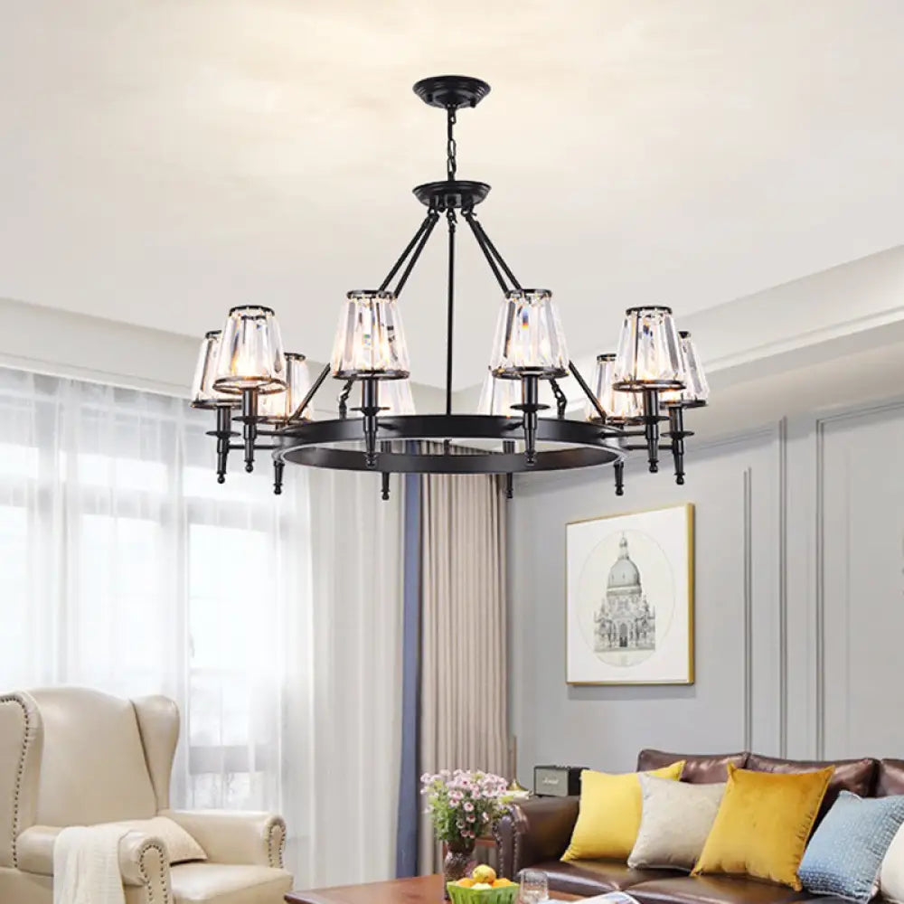Crystal Hanging Lamp Kit With Conic Metal Ring Design For Living Room Chandelier Lighting 10 / Black