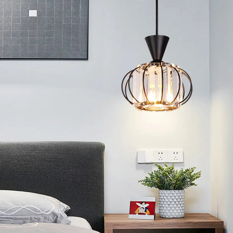 Crystal Prism Pendant Light With Modern Lantern Shade In Black/Gold For Bedroom Black