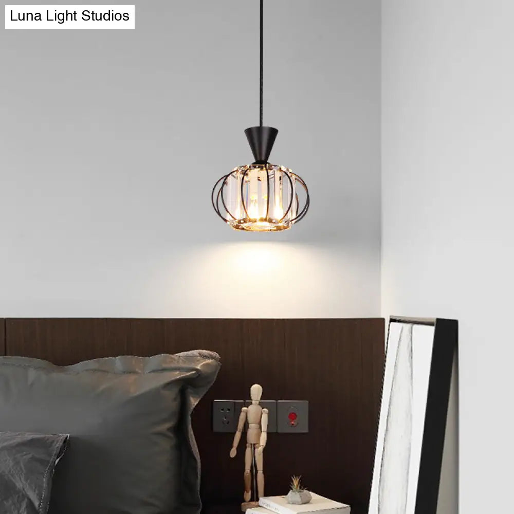 Modern Crystal Prism Pendant Light With Lantern Shade In Black/Gold For Bedroom