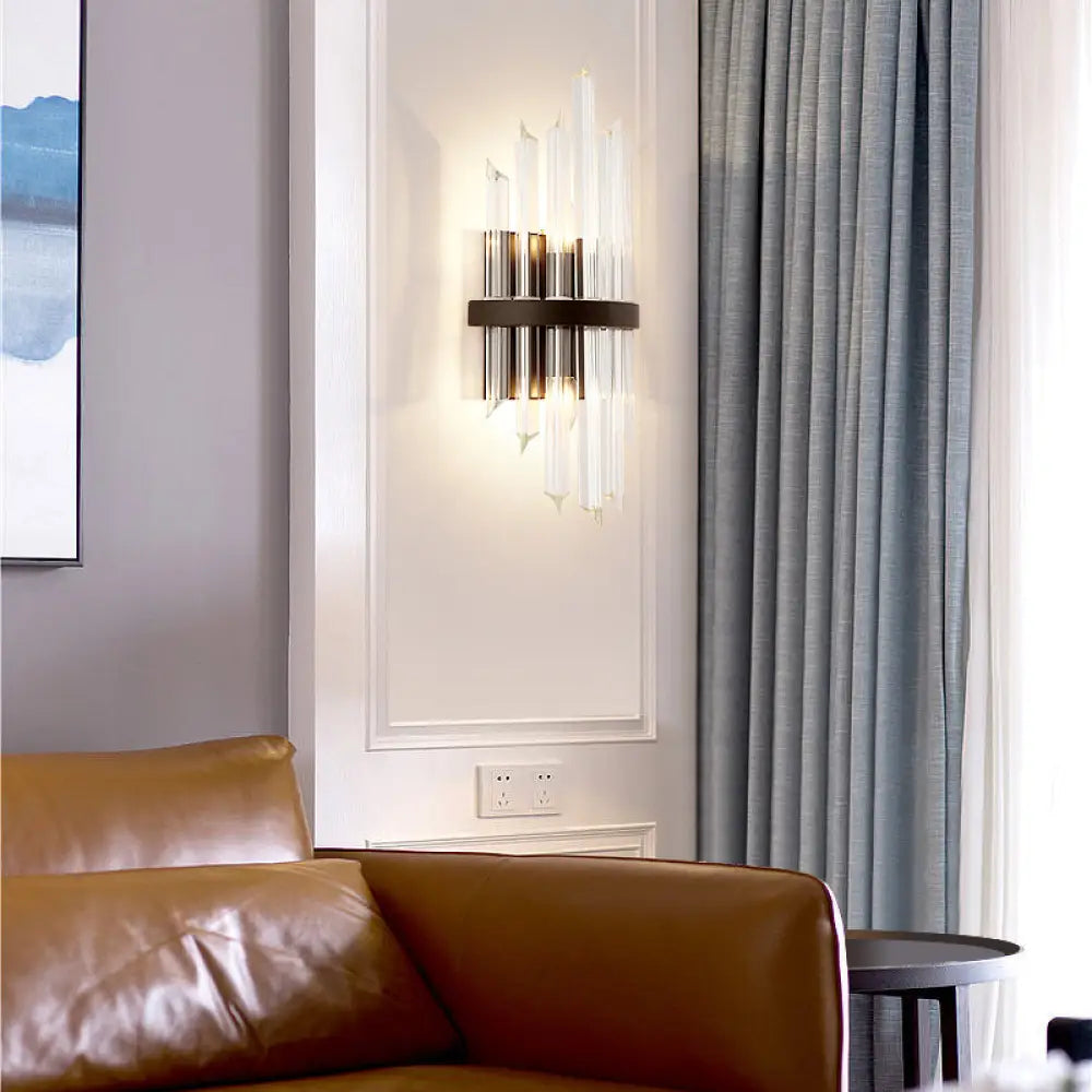 Crystal Prism Sconce Light: Contemporary 1/2-Pack Lamp With Square Black Backplate / 1