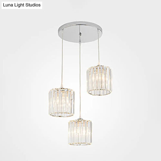 Crystal Shade Pendant Cluster Light - Minimalist 3-Head Cylindrical Hanging Fixture For Dining Room