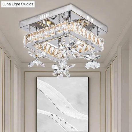 Cubic Crystal Led Bedroom Ceiling Light Fixture - 8’/12’ Width Semi Flush Mount Chrome Finish
