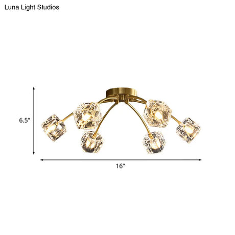 Cubic Restaurant Semi Flush Light With Clear Crystal Block - 6 - Light Brass Mount