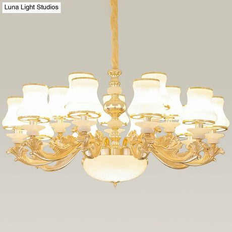 Curved Arm Metal Chandelier With Opal Glass Shade - Modern Hanging Lamp For Living Room