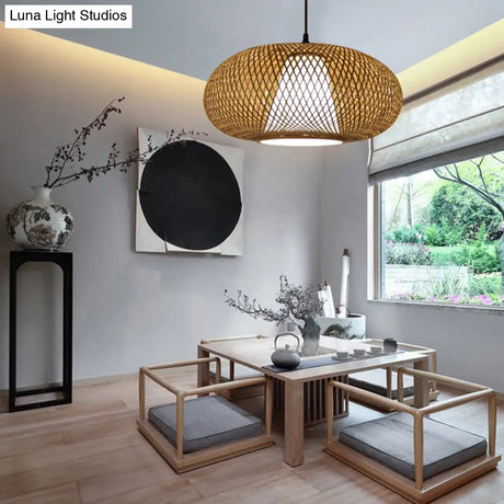 Curved Bamboo Pendant Drum Light With Tradition Design - 12’/14’/16’ Wide Hanging Lamp Kit