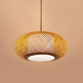 Curved Bamboo Pendant Lamp - Asian Style Ceiling Light 1 Bulb Beige 16/19.5 Wide / 16