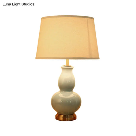 Curved Ceramic Nightstand Lamp: Modern Pink/White Task Light With Fabric Shade 13/16 Wide