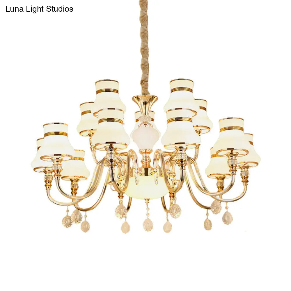 Sleek Curvy Arm Suspension Lamp With 15 Opal Glass Bulbs - Gold Finish