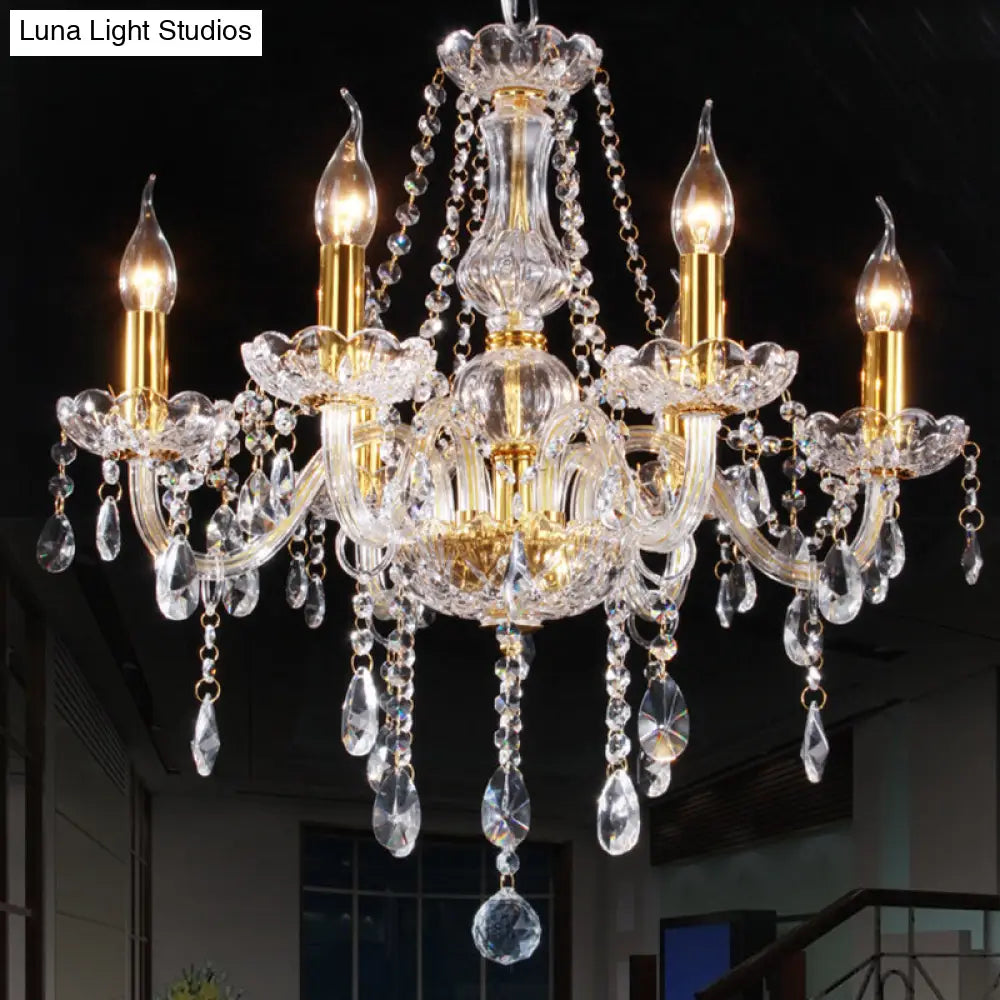 Curvy Armed Crystal Chandelier - Golden Victorian Style Pendant Light With 6 Heads