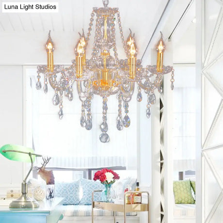 Curvy Armed Crystal Chandelier - Golden Victorian Style Pendant Light With 6 Heads