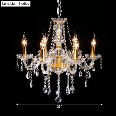 Curvy Armed Crystal Chandelier - Golden Victorian Style Pendant Light With 6 Heads