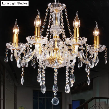 Curvy Armed Crystal Chandelier - Golden Victorian Style Pendant Light With 6 Heads