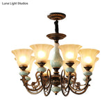 Curvy Armed Pendant Chandelier - Rural Style Black-Gold Metallic Ceiling Light With Blossom Shade