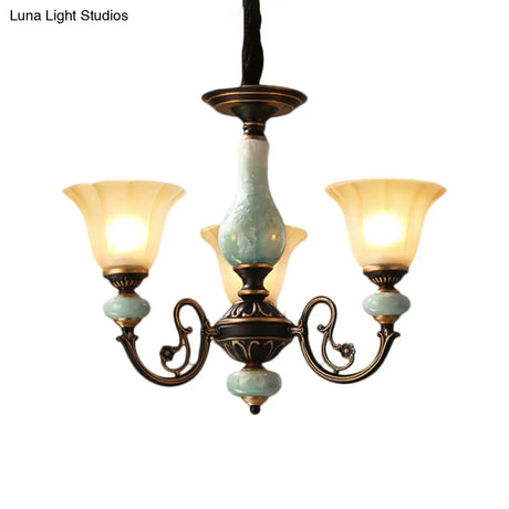 Curvy Armed Pendant Chandelier - Rural Style Black-Gold Metallic Ceiling Light With Blossom Shade
