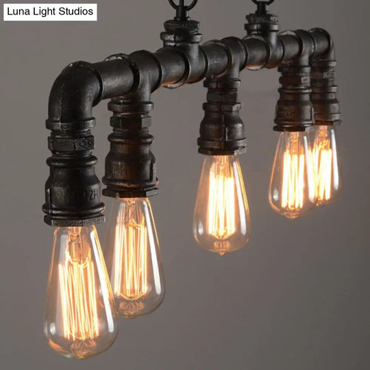 Cyberpunk Black Iron Plumbing Pipe Hanging Lamp - 5-Light Pendant For Dining Room Island