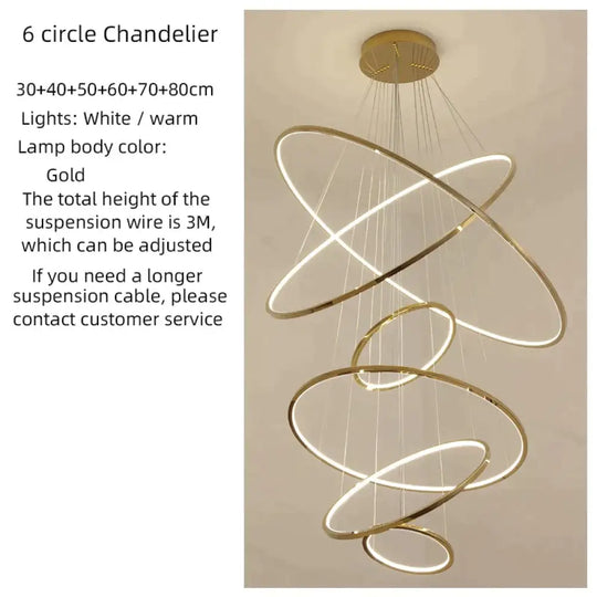 Cygnus Unique Tiered LED Chandelier 6 Rings 30 40 50 60 70 80 / Gold / warm light