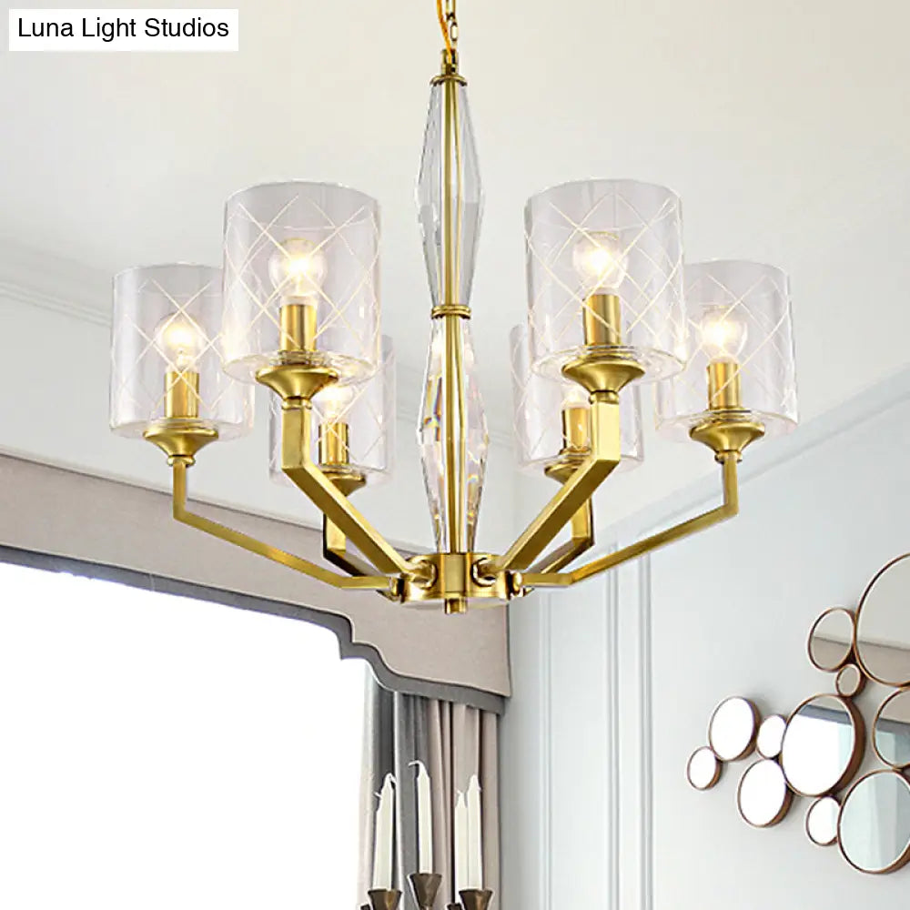 Cylinder Ceiling Chandelier - Clear Glass Traditional Style 6/8 Light Brass Fixture Ideal For Living