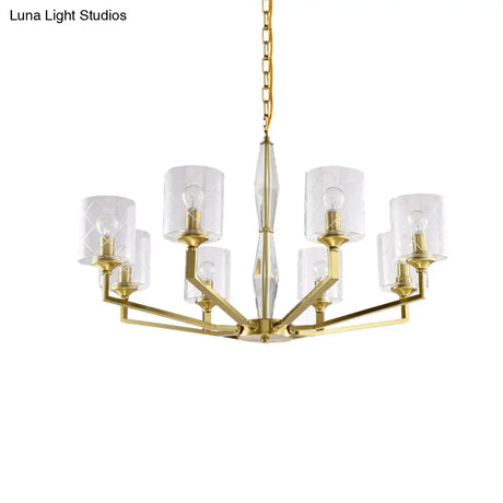 Cylinder Ceiling Chandelier - Clear Glass Traditional Style 6/8 Light Brass Fixture Ideal For Living