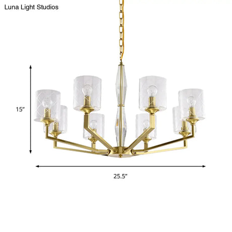 Cylinder Ceiling Chandelier - Clear Glass Traditional Style 6/8 Light Brass Fixture Ideal For Living