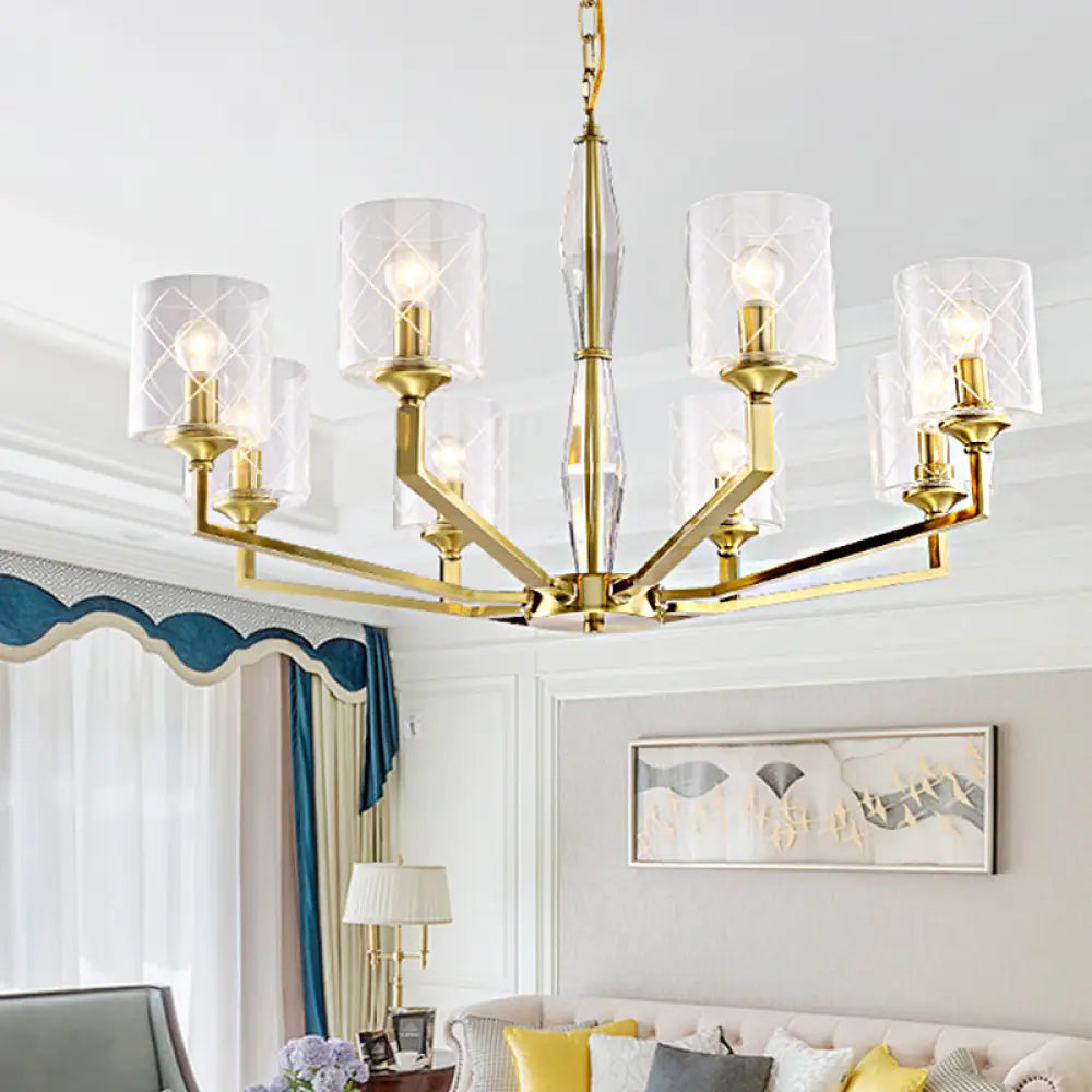 Cylinder Ceiling Chandelier - Clear Glass Traditional Style 6/8 Light Brass Fixture Ideal For Living