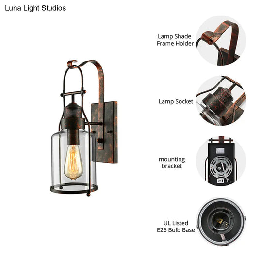Cylinder Clear Glass Wall Mount Sconce Light - Industrial Single Bulb Lamp For Living Room