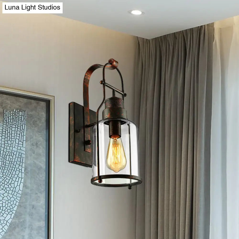 Cylinder Clear Glass Wall Mount Sconce Light - Industrial Single Bulb Lamp For Living Room