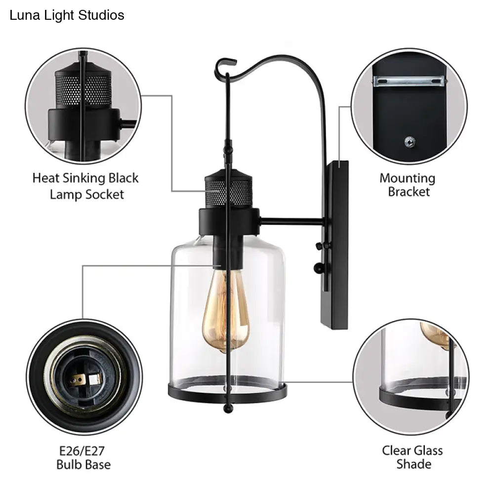 Cylinder Clear Glass Wall Mount Sconce Light - Industrial Single Bulb Lamp For Living Room