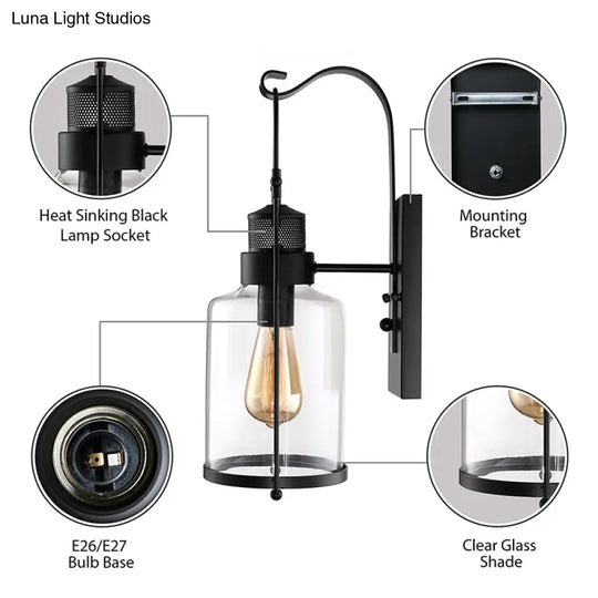 Cylinder Clear Glass Wall Mount Sconce Light - Industrial Single Bulb Lamp For Living Room
