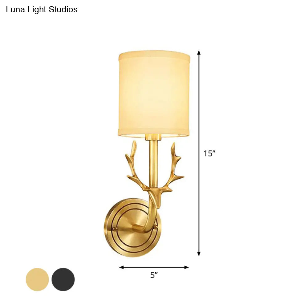 Cylinder Fabric Wall Lamp: 1-Head Cottage Bedroom Fixture With Stag Head Deco - Black/Gold