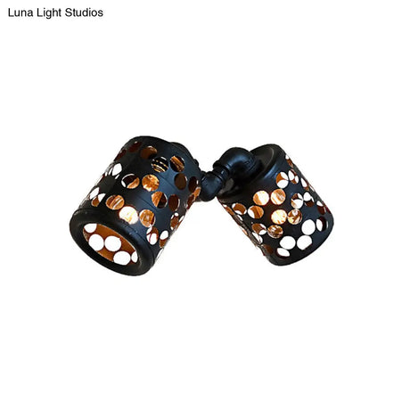 Cylinder Outdoor Wall Sconce - Antiqued Iron 2 Heads Black Finish With Hollow Out Design