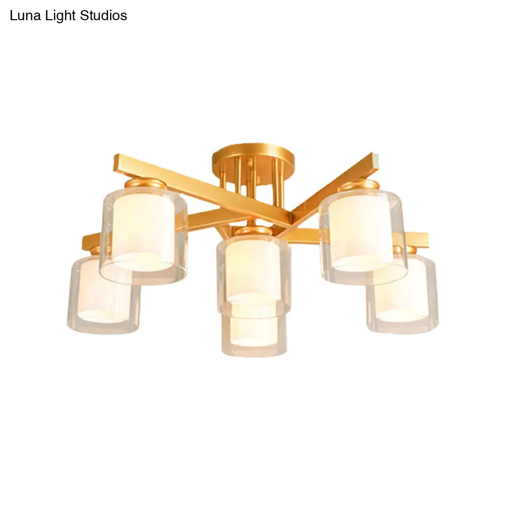 Cylinder Semi Mount Bedroom Lighting - Clear Glass White Ceiling Light 4/5/6 Lights