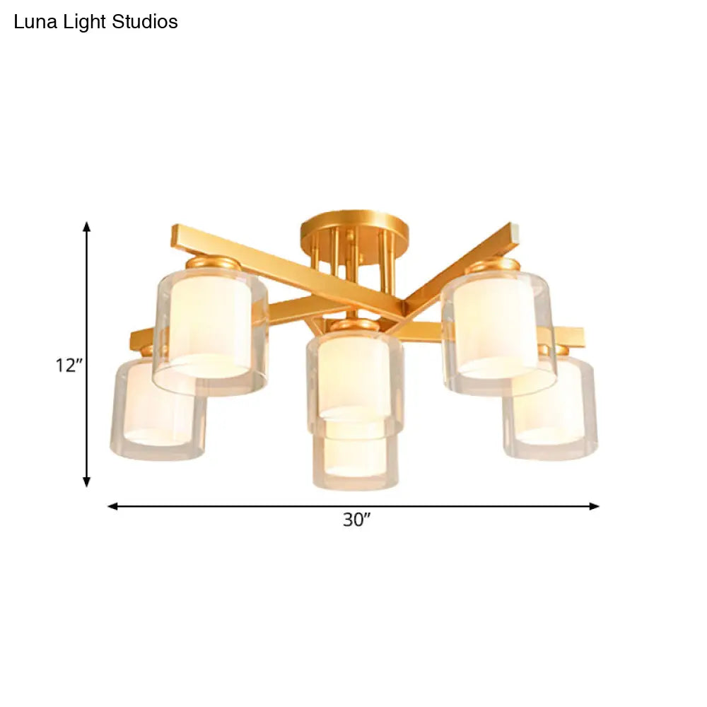 Cylinder Semi Mount Bedroom Lighting - Clear Glass White Ceiling Light 4/5/6 Lights