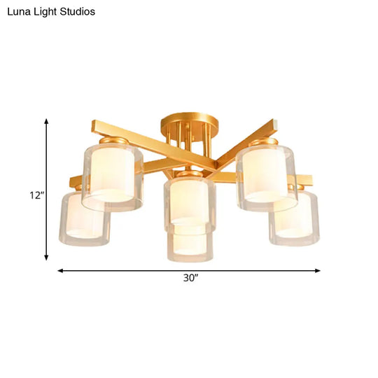Cylinder Semi Mount Bedroom Lighting - Clear Glass White Ceiling Light 4/5/6 Lights