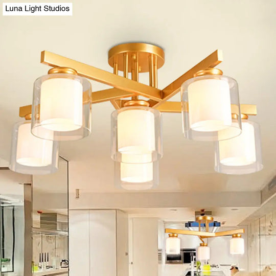 Cylinder Semi Mount Bedroom Lighting - Clear Glass White Ceiling Light 4/5/6 Lights