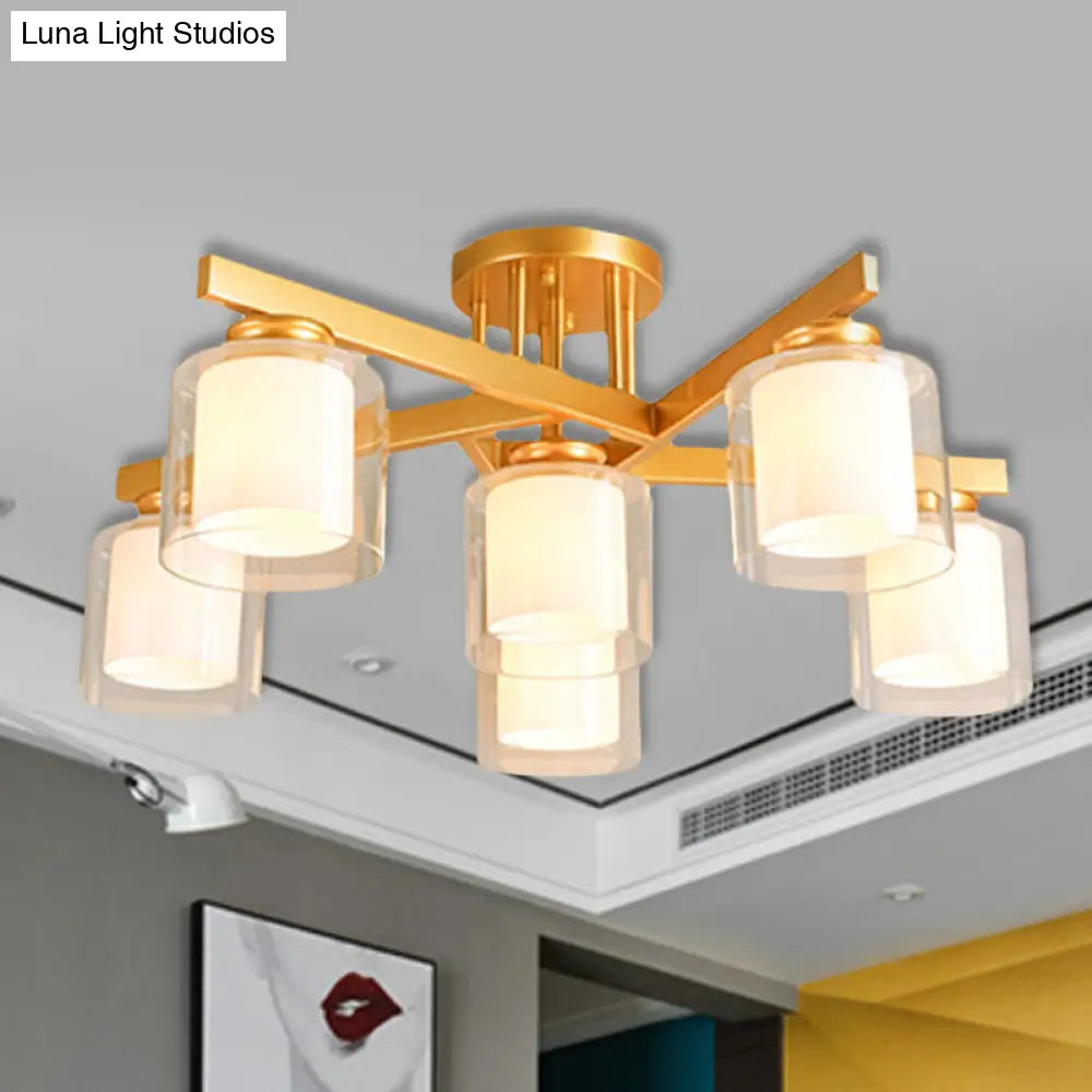 Cylinder Semi Mount Bedroom Lighting - Clear Glass White Ceiling Light 4/5/6 Lights 6 /