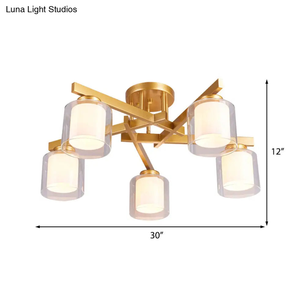 Cylinder Semi Mount Bedroom Lighting - Clear Glass White Ceiling Light 4/5/6 Lights