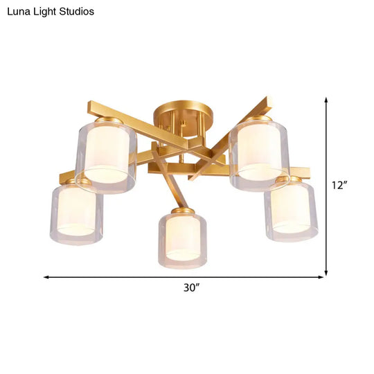 Cylinder Semi Mount Bedroom Lighting - Clear Glass White Ceiling Light 4/5/6 Lights