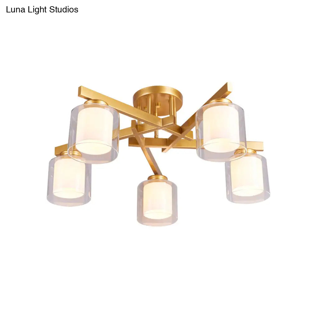 Cylinder Semi Mount Bedroom Lighting - Clear Glass White Ceiling Light 4/5/6 Lights