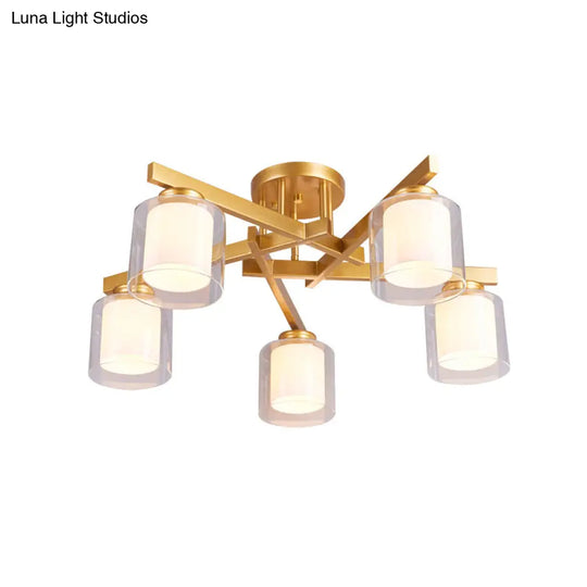 Cylinder Semi Mount Bedroom Lighting - Clear Glass White Ceiling Light 4/5/6 Lights