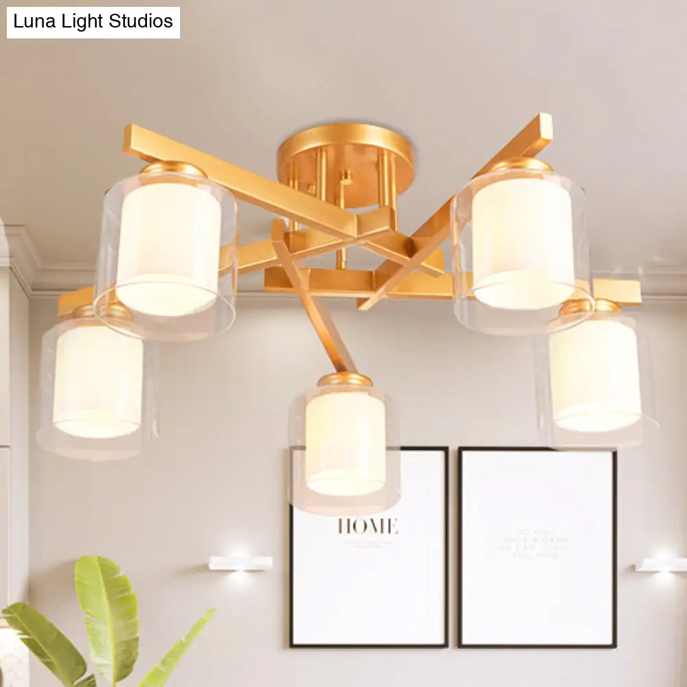 Cylinder Semi Mount Bedroom Lighting - Clear Glass White Ceiling Light 4/5/6 Lights 5 /