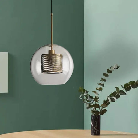 Cylindrical Colonial Metal Mesh Bedroom Pendant Light With Clear Glass Shade Bronze/Silver Gray