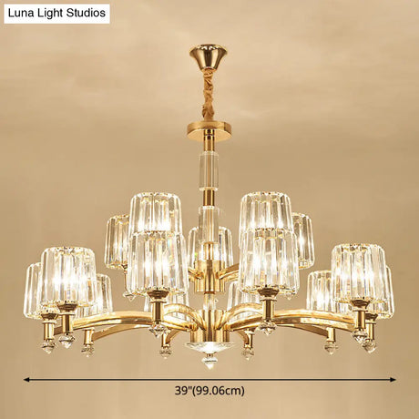 Cylindrical Gold Pendant Chandelier With Minimalist Optic Crystal Prism - Perfect For Living Room