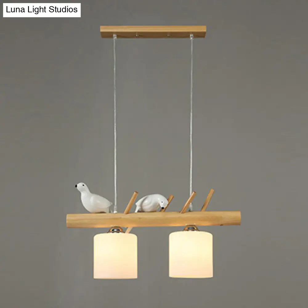 Cylindrical Milk Glass Island Lamp With Bird Deco For Country Style Restaurants 2 / Wood