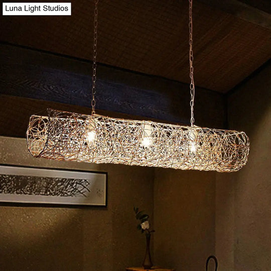 Cylindrical Rattan Island Pendant Light - Southeast Asian Style With 3 Bulbs For Tea Room Ceiling