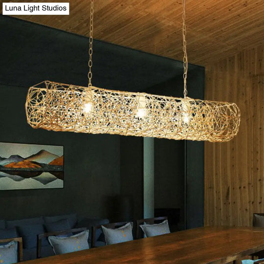 Cylindrical Rattan Island Pendant Light - Southeast Asian Style With 3 Bulbs For Tea Room Ceiling
